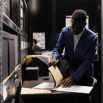 african american manager gathering his stuff preparing leave job late night after working accountancy report file room employee searching bureaucracy record corporate depository