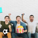 group friends being cheerful couch
