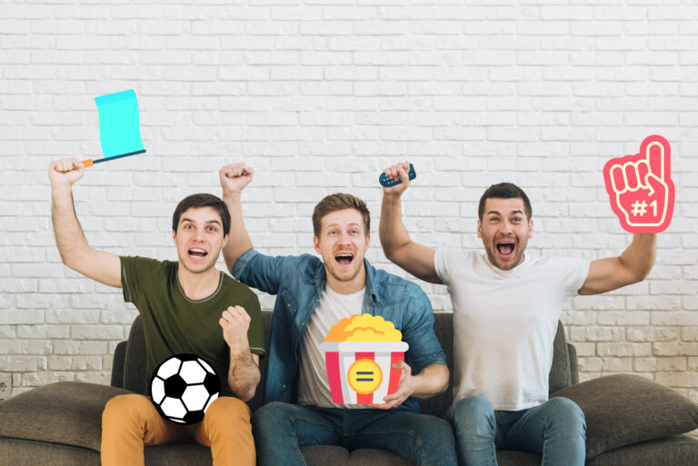 group friends being cheerful couch